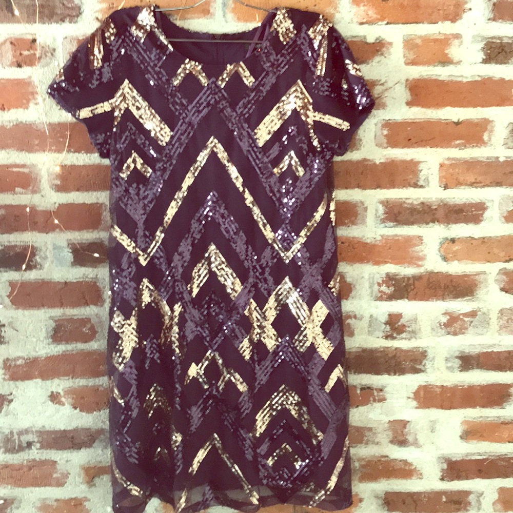 Purple and gold sequined mini dress
